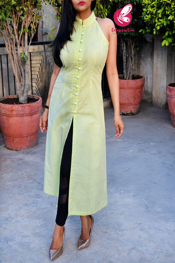 Green Linen Sleeveless Front Button Detailing Kurti