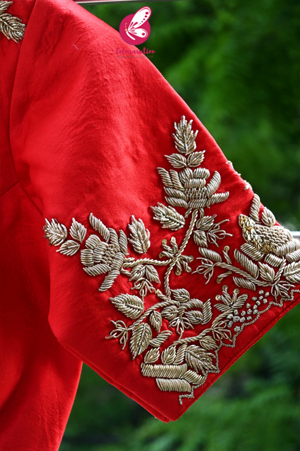 Red Pure Silk Dabka Handwork Embroidered Padded Keyhole Back Blouse