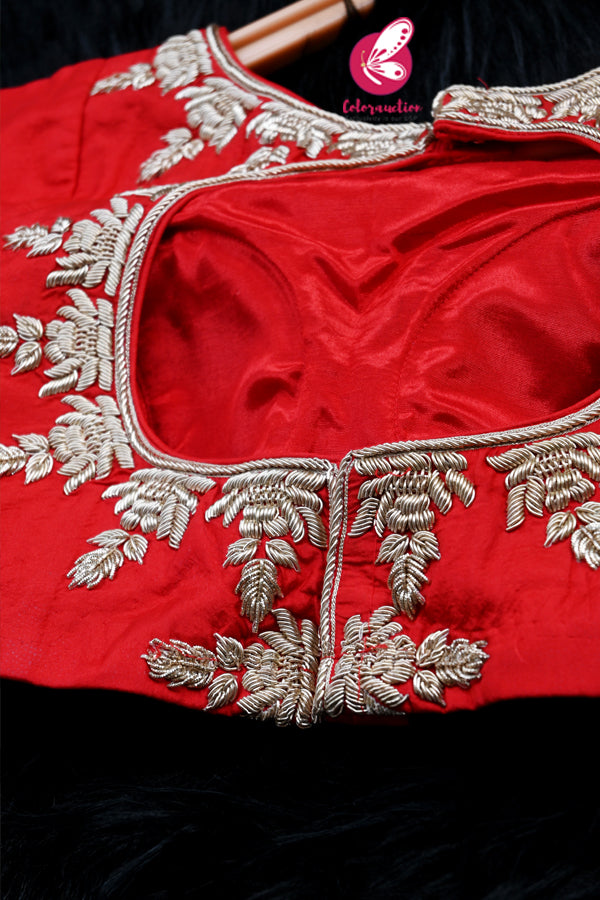 Red Pure Silk Dabka Handwork Embroidered Padded Keyhole Back Blouse