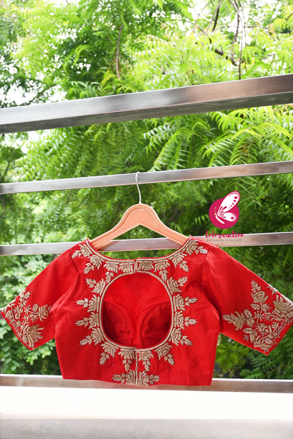 Red Pure Silk Dabka Handwork Embroidered Padded Keyhole Back Blouse