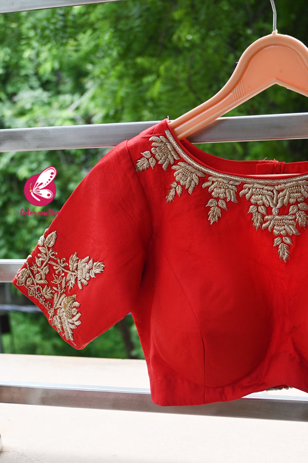 Red Pure Silk Dabka Handwork Embroidered Padded Keyhole Back Blouse