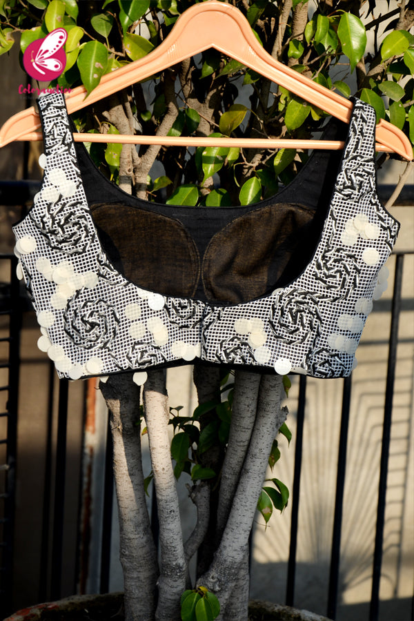 Black &amp; White Net Embroidered Padded Blouse