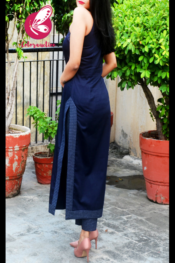 Navy Blue Cotton Silk Sleeveless Halter Neck Kurti With Navy Blue Printed Cotton Silk Pants Kurti Set-Black
