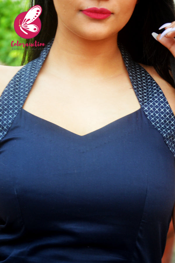 Navy Blue Cotton Silk Sleeveless Halter Neck Kurti With Navy Blue Printed Cotton Silk Pants Kurti Set-Black