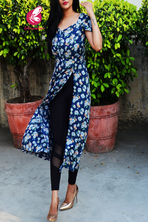 Navy Blue Printed Floral A-Line Rayon Kurti