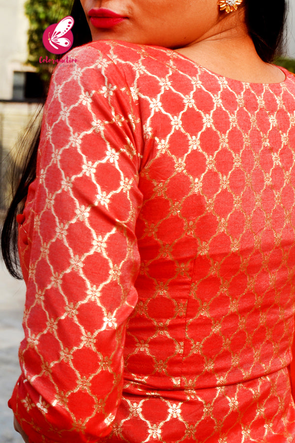 Rust Orange Golden Chanderi Kurti with Rust Silk Pants &amp; Banarasi Dupatta Kurti Set