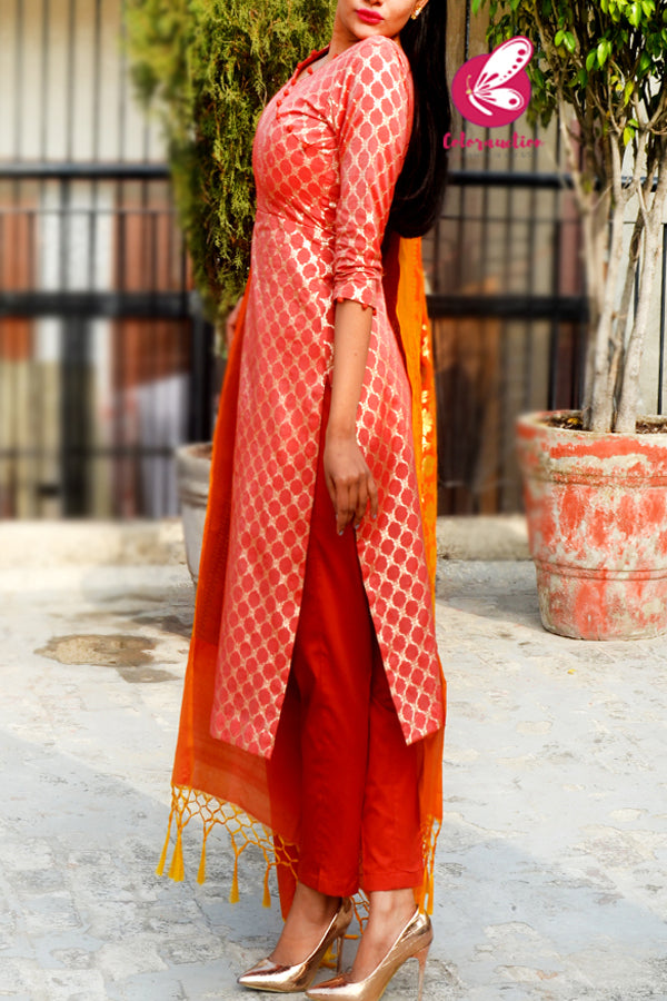 Rust Orange Golden Chanderi Kurti with Rust Silk Pants &amp; Banarasi Dupatta Kurti Set