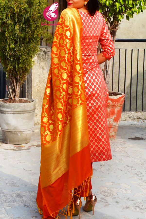 Rust Orange Golden Chanderi Kurti with Rust Silk Pants &amp; Banarasi Dupatta Kurti Set