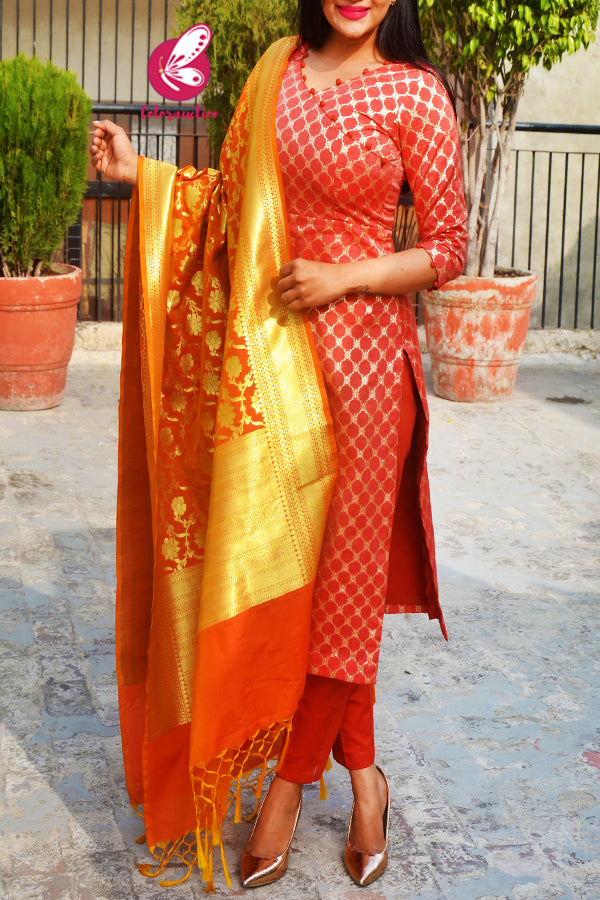 Rust Orange Golden Chanderi Kurti with Rust Silk Pants &amp; Banarasi Dupatta Kurti Set