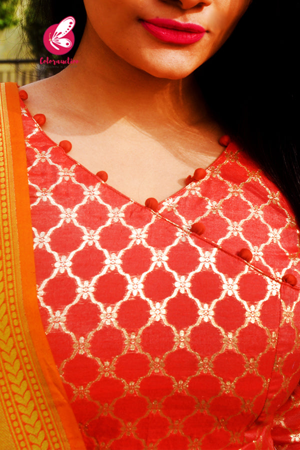 Rust Orange Golden Chanderi Kurti with Rust Silk Pants & Banarasi Dupatta Kurti Set