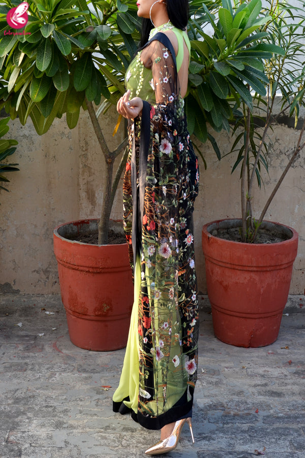 Lime Green & Black Double Shaded Georgette Net Satin Taping Saree