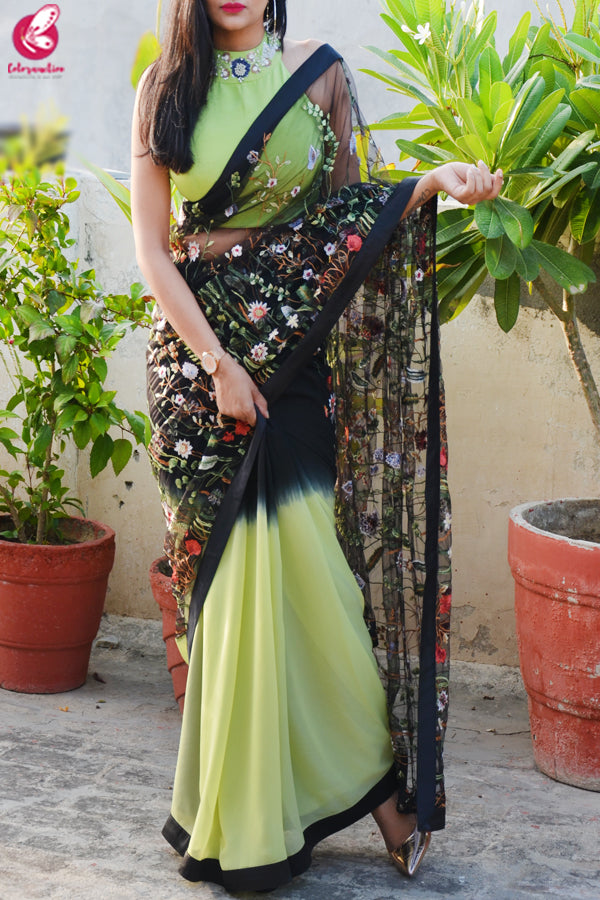 Lime Green & Black Double Shaded Georgette Net Satin Taping Saree
