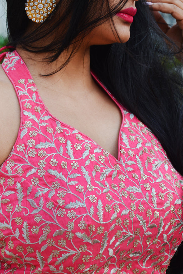 Peach PInk Sequins Padded Kurti with Peach Pink Cotton Silk Pants