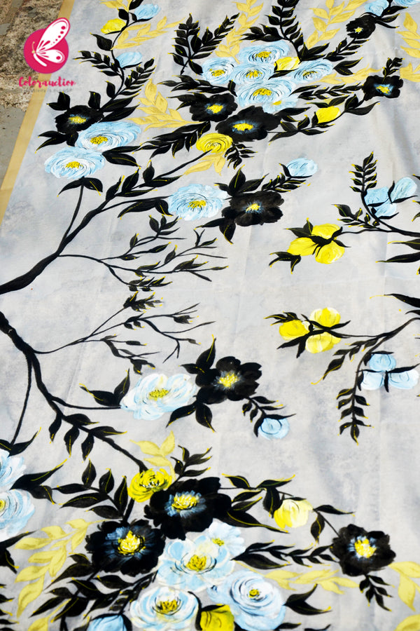Off White Floral Pure Organza Handpainted Stole