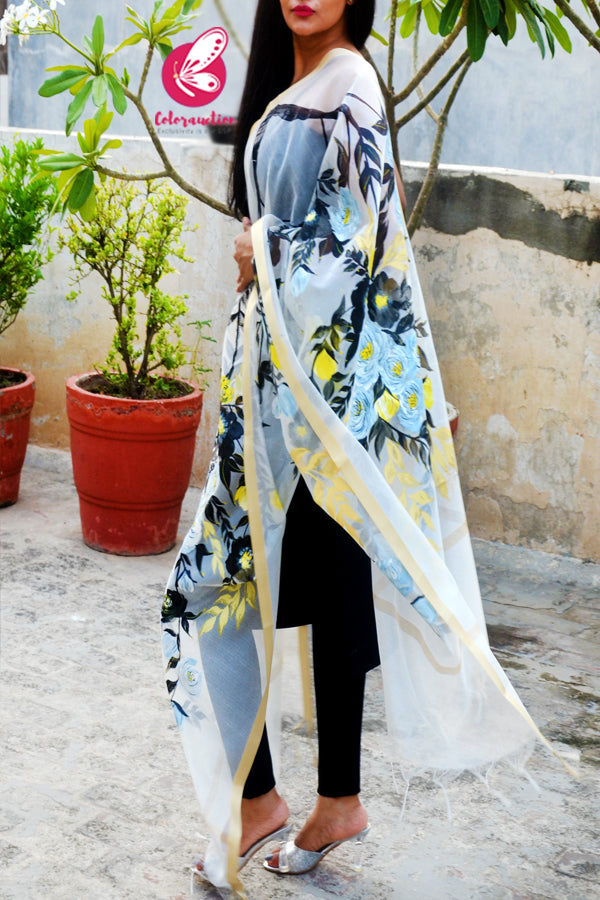 Off White Floral Pure Organza Handpainted Stole