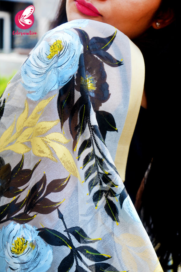 Off White Floral Pure Organza Handpainted Stole
