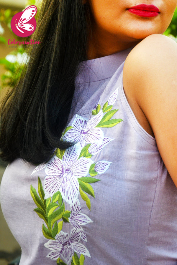 Lilac Pure Linen Embroidered A-Line Kurti