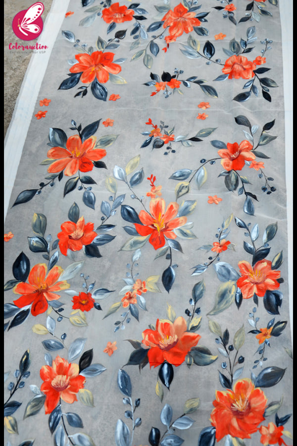 Off White Orange Red Floral Pure Organza Stole
