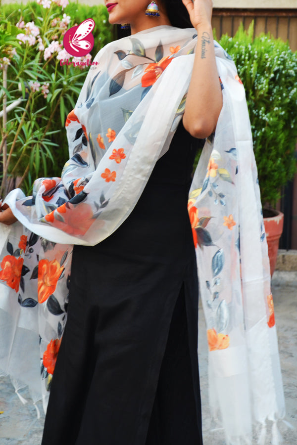 Off White Orange Red Floral Pure Organza Stole