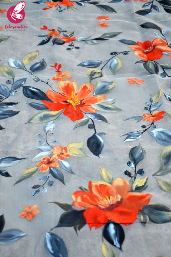 Off White Orange Red Floral Pure Organza Stole