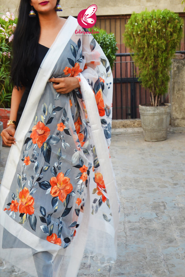 Off White Orange Red Floral Pure Organza Stole