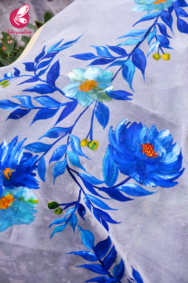 Off White Blue Roses Pure Organza Floral Handpainted Stole