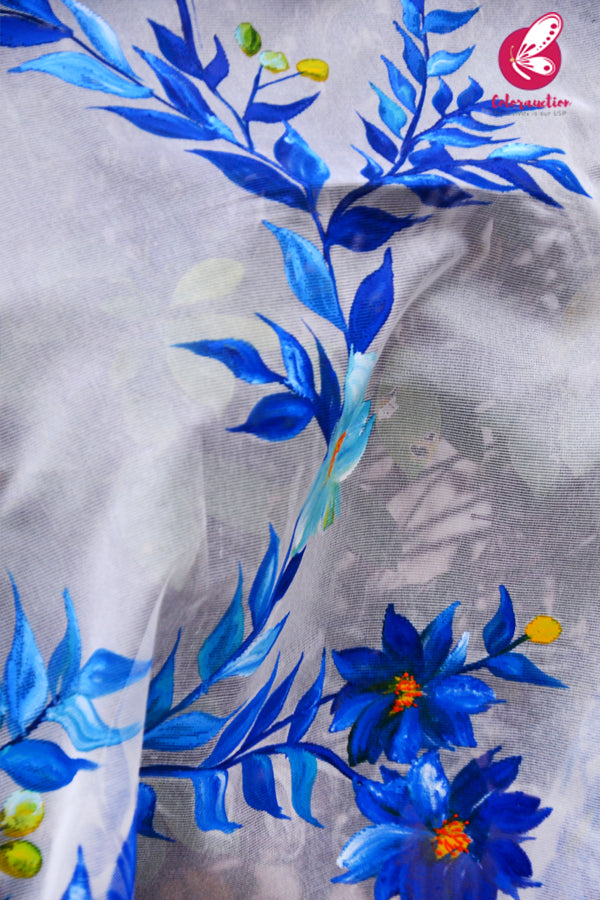 Off White Blue Roses Pure Organza Floral Handpainted Stole