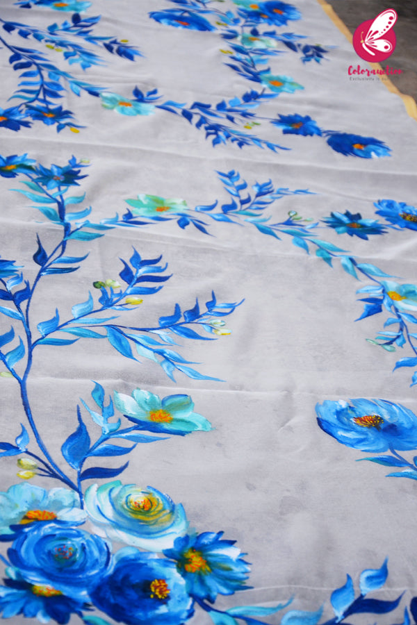 Off White Blue Roses Pure Organza Floral Handpainted Stole