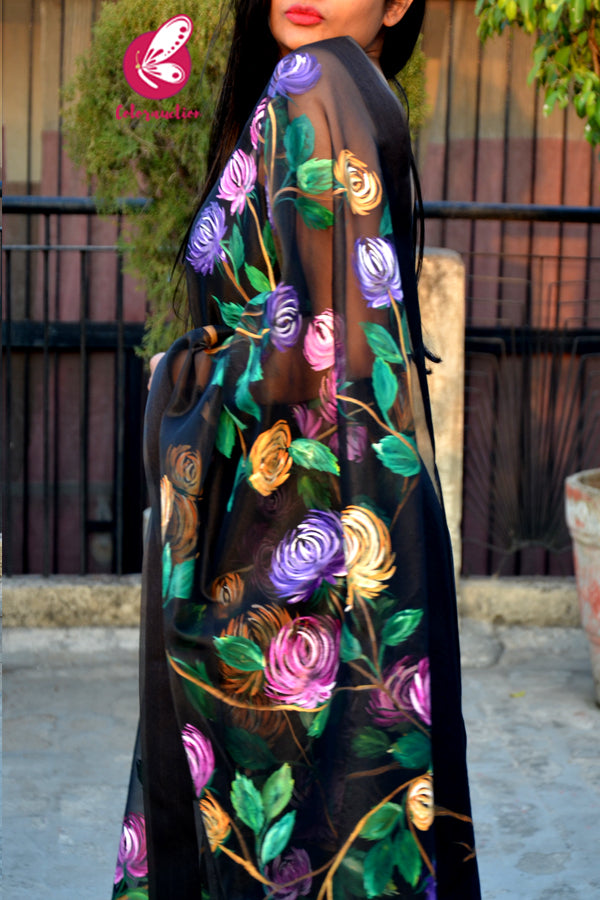 Black Pure Organza Multicoloured Floral Handpainted Stole