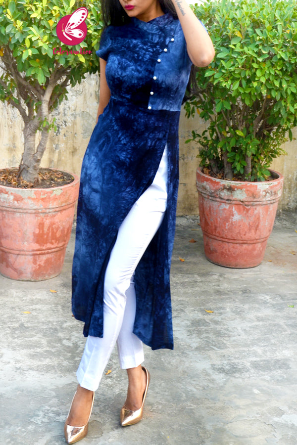 Blue Tie & Dye Rayon Kurti with White Cotton Silk Pants