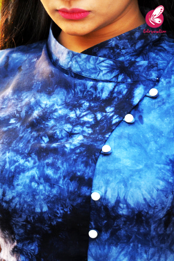 Blue Tie &amp; Dye Rayon Kurti with White Cotton Silk Pants