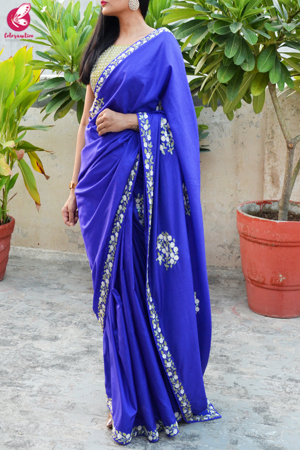 Ink Blue Sequins Handwork Pure Silk Saree