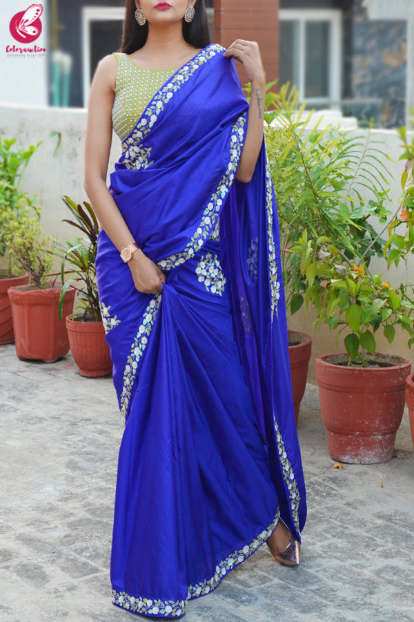 Ink Blue Sequins Handwork Pure Silk Saree
