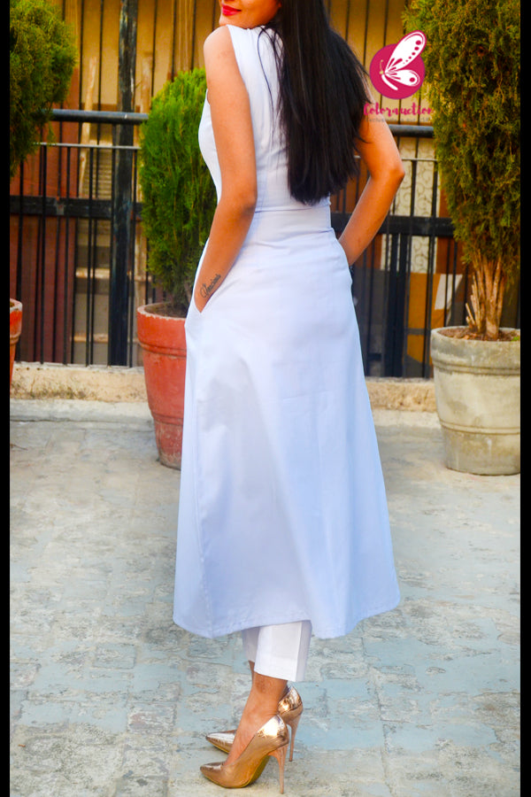 Light Blue Dobby Sleeveless Front Slit Kurti with White Cotton Silk Pants Kurti Set