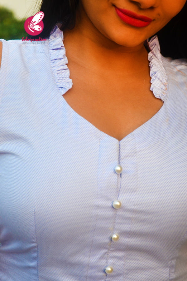 Light Blue Dobby Sleeveless Front Slit Kurti with White Cotton Silk Pants Kurti Set