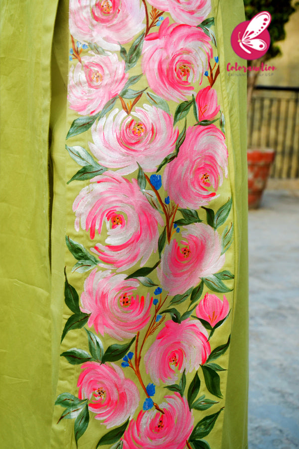 Pista Green Cotton Silk Handpainted Kurti with Pista Green Cotton Silk Pants