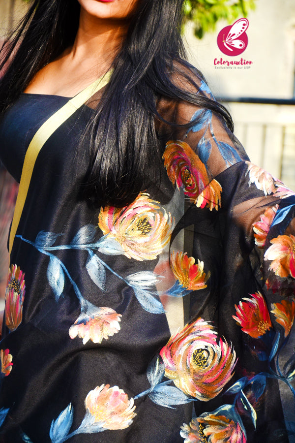 Black Pure Organza Floral Multicoloured Hand painted Stole