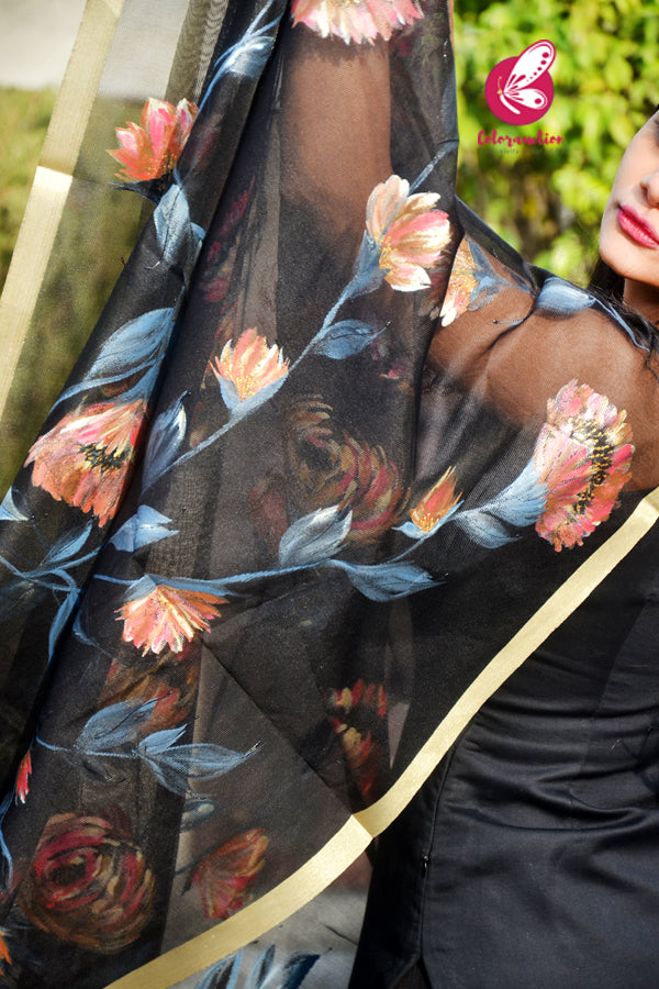 Black Pure Organza Floral Multicoloured Hand painted Stole