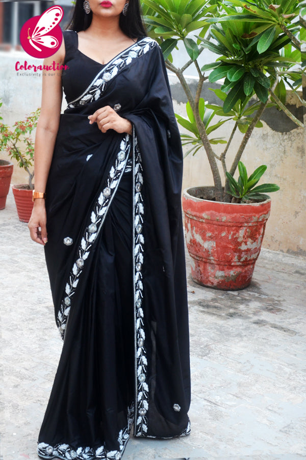 Black Pure Silk Silver Dabka Zardosi Pearl Handwork Saree