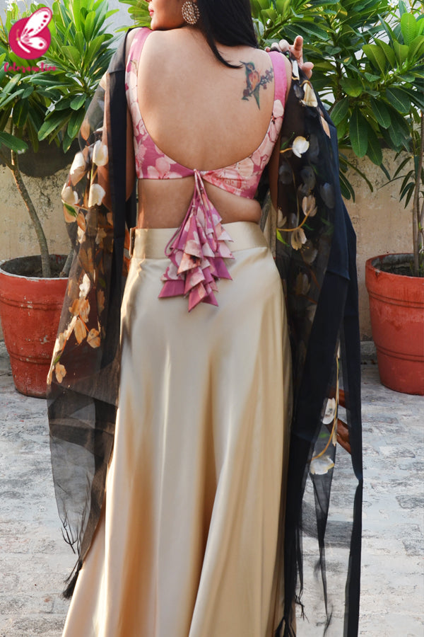 Pink &amp; Golden Satin Lehenga With Black Hand Painted Organza Stole