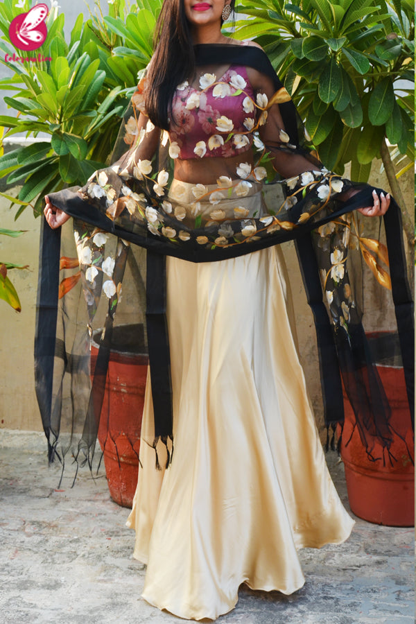 Pink & Golden Satin Lehenga With Black Hand Painted Organza Stole