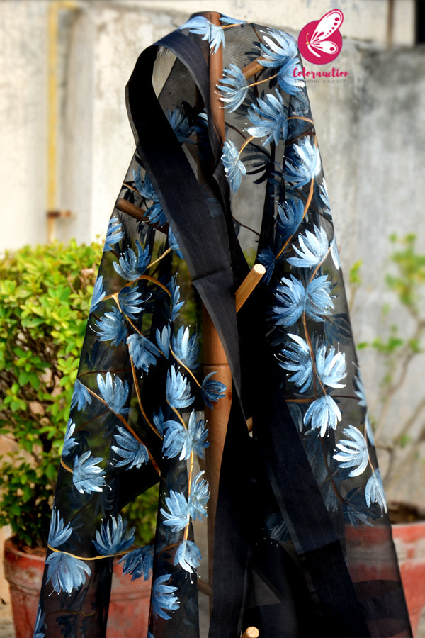 Black Pure Organza Handpainted Floral Blue Stole
