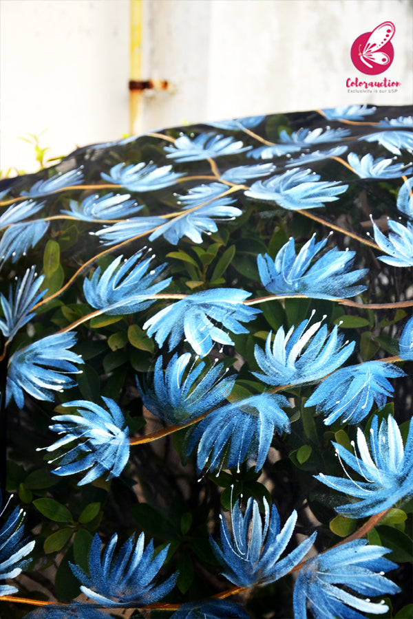 Black Pure Organza Handpainted Floral Blue Stole