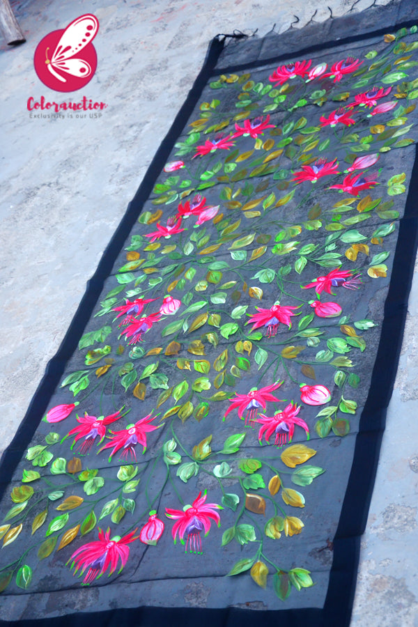 Black Organza Multicoloured Floral Hand painted Stole