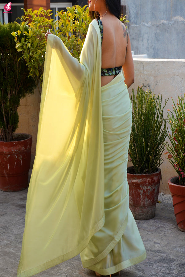 Pastel Lime Green Silk Georgette Dupion Silk Taping Saree