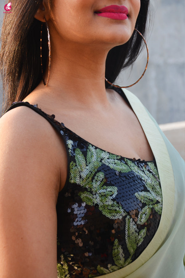 Pastel Lime Green Silk Georgette Dupion Silk Taping Saree
