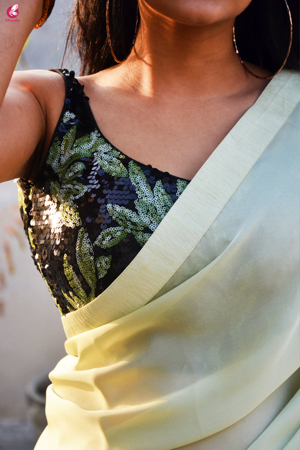 Pastel Lime Green Silk Georgette Dupion Silk Taping Saree