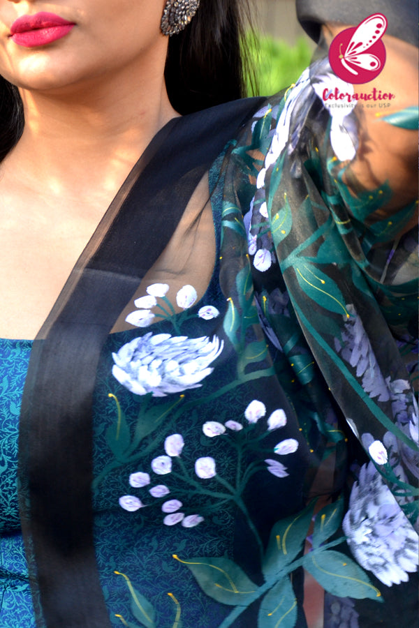 Black Organza Lilac Peonies Hand painted Stole