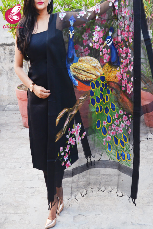 Black Organza Handpainted Peacock Colourful Floral Statement Stole