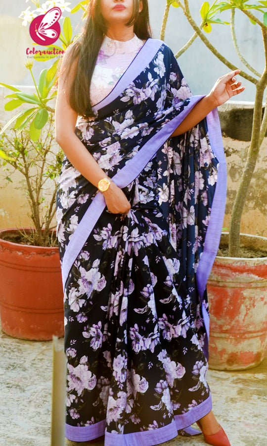 Blue Crepe Lilac Satin Taping Saree